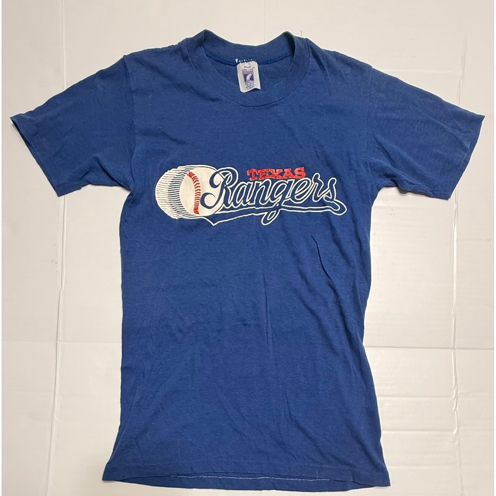 Vintage Logo 7 Texas Rangers MLB‎ T-Shirt Blue Single Stitch Made in USA Small
